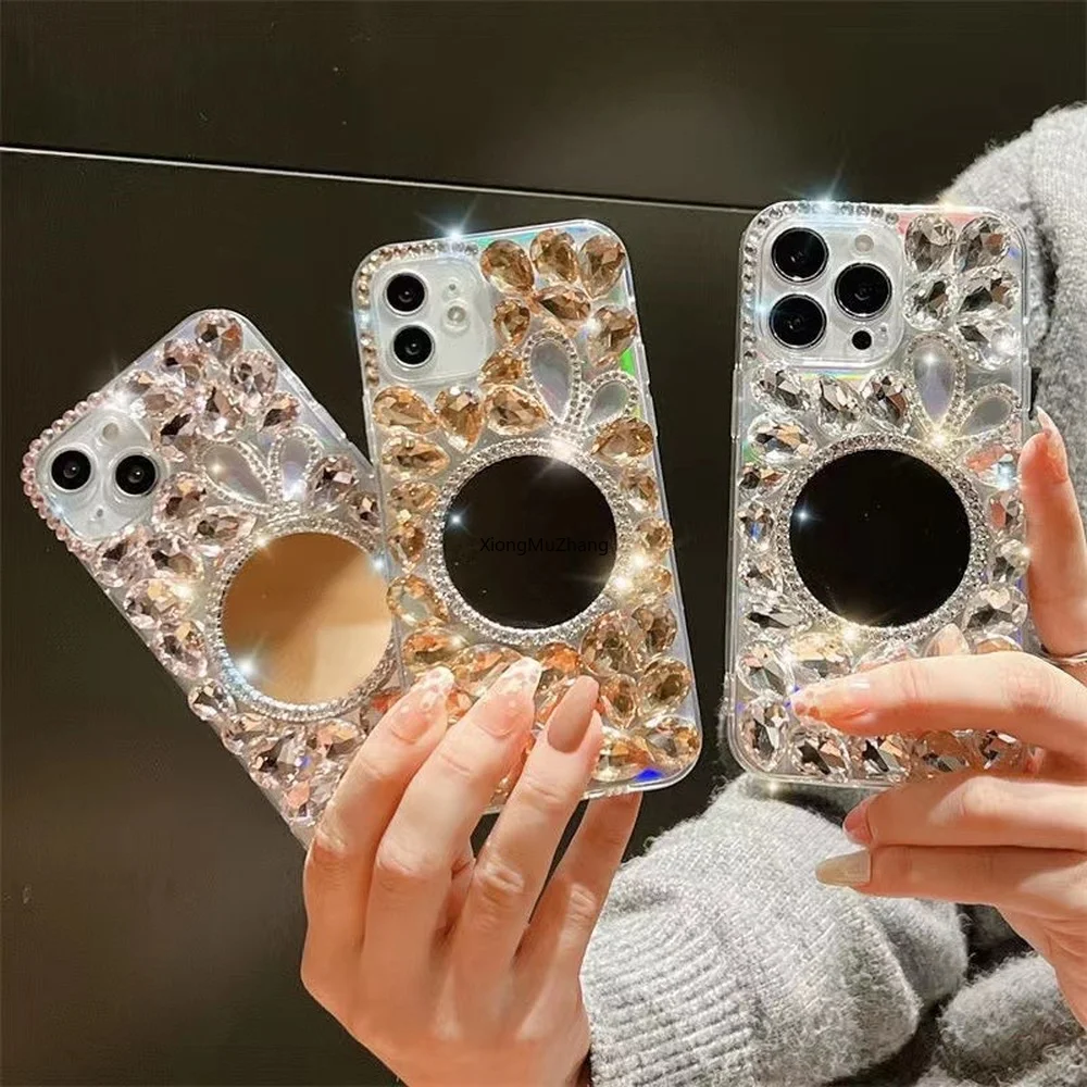 

Luxury Cute Rabbit Ear Makeup Mirror Diamond Rhinestone Silicone Case for Xiaomi 11T Pro 10T Pro 9T Pro 11 Lite 10 Lite 12 Pro