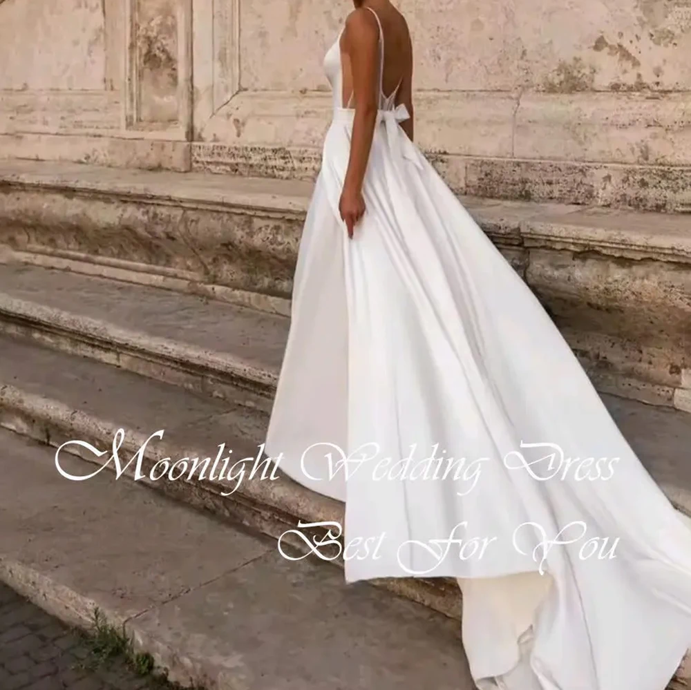 Modern Pleat Bow V-Neck A- Line Wedding Dress 2026 Sleeveless Spaghetti Straps Backless Bridal Gown Vestidos De Novia Customized