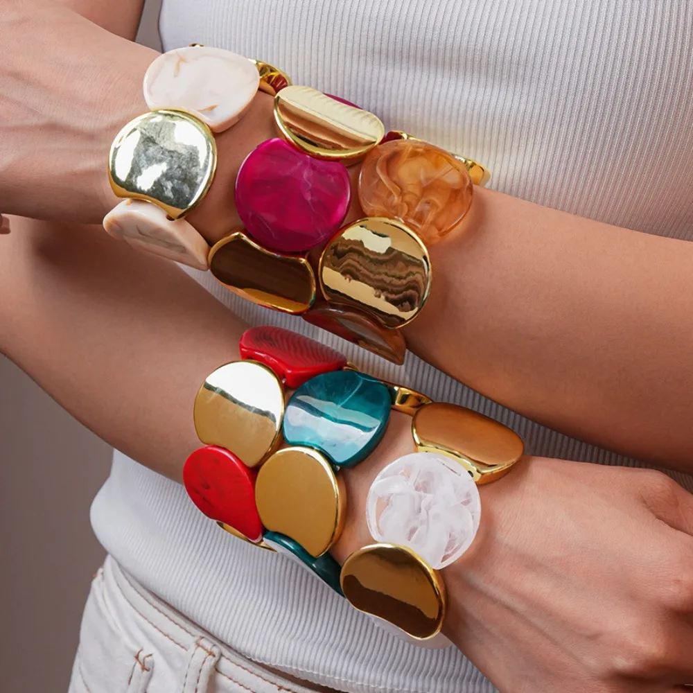 Exaggerated Personality Colored Acrylic Irregular Round Spliced Elastic Bracelets for Women Fashion Temperament Bangle Jewelry