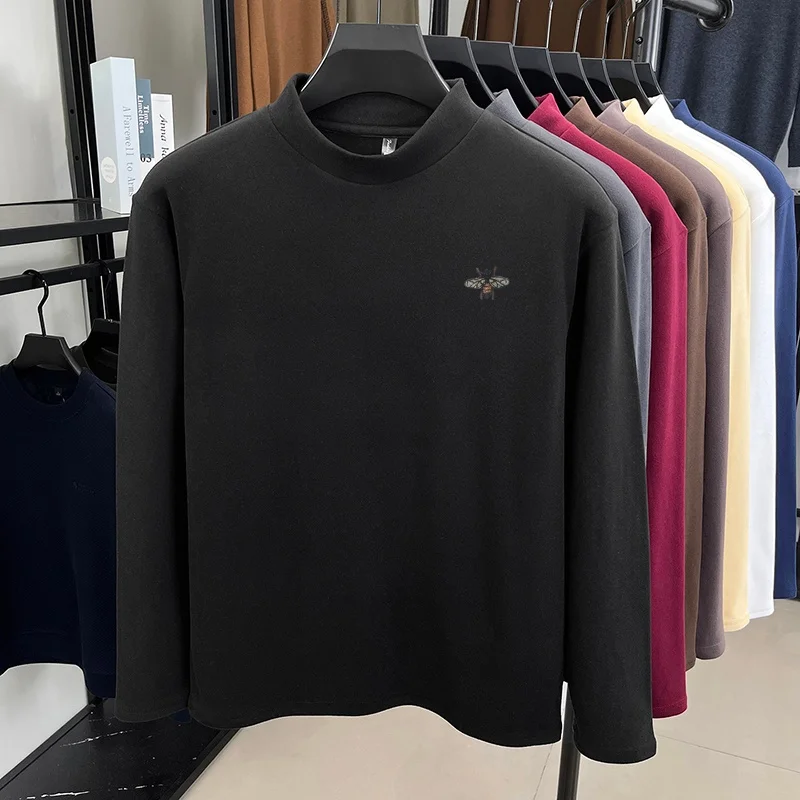 Luxus Mann Marke Frühling Lange Ärmel T-Shirt Mock Neck Samt Fleece Stickerei Hoodie Mode Freizeit Unterbekleidung männer Kleidung – Detail 21