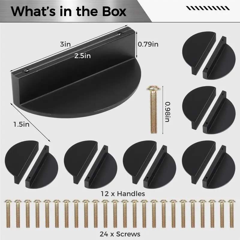 Half-Moon Drawer Pulls Cabinet Handles 2.5 Inches Hole Spacing Semicircle Finger Pulls for Kitchen 12Pcs/Set With 24 Screws
