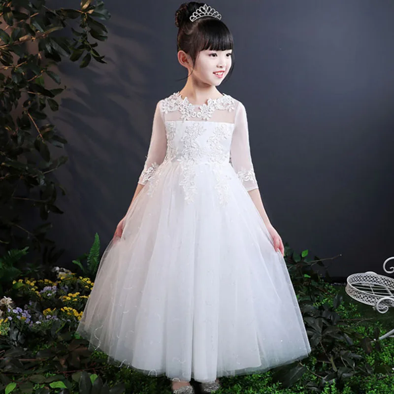 Baby Girls Lace Embroidery Dress Kids White Wedding High-end Dress Flower Long Party Princess Girls Clothes