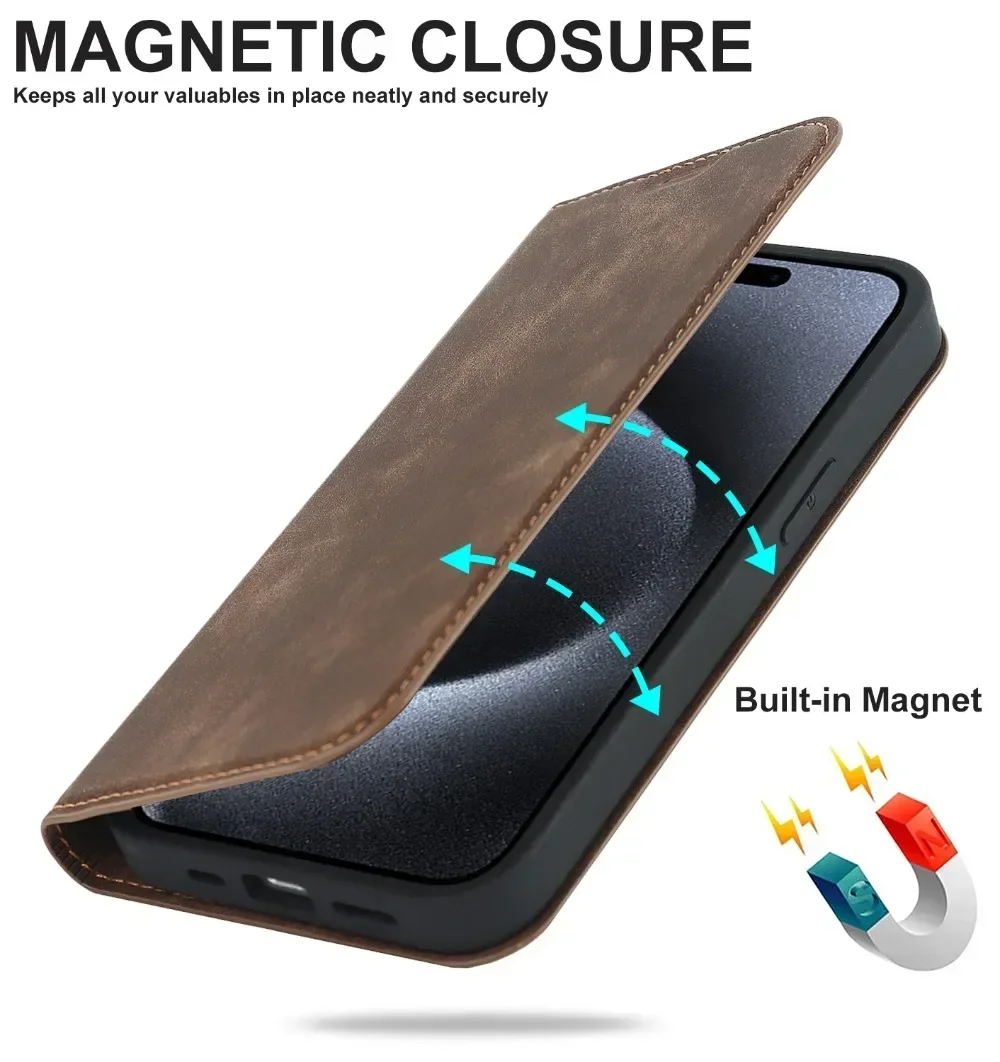 Vintage Leather Magnetic Wallet Flip Case with Card Pocket and Stand