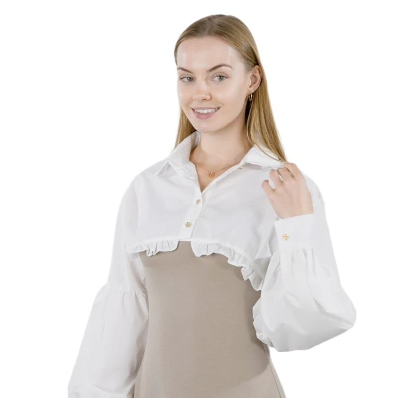 

Womens Vintage Puff Long Sleeve Short Crop Top Cardigans Button Up Ruffle Trim False Collar Half Shirt Blouses