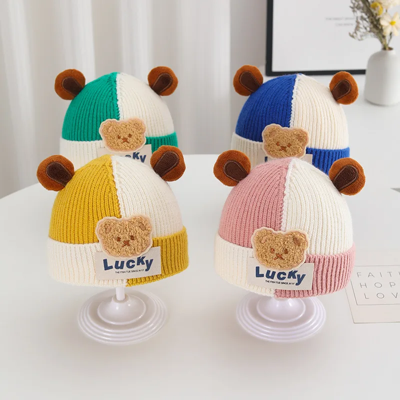 Winter Baby Cartoon Beanie Cap Kids Cute Bear Ear Ear Protection Knitted Hat Boy Girls Warm Woolen Pullover Beanies Children