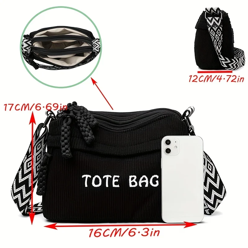 Women's Plush Fleece Tote Bag with Adjustable Strap Corduroy Handbag Shoulder Crossbody Bag Zipper Closure Golden Tone Hardware