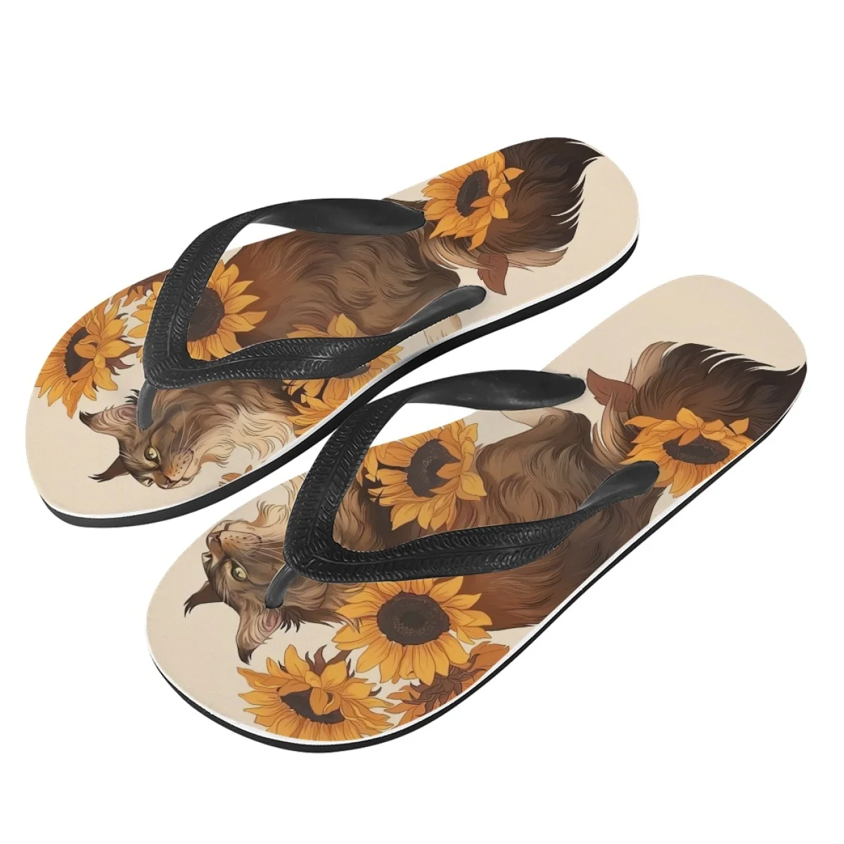 Lovely Sunflower Cat Cartoon Print Ladies Flip Flops Summer Anti-slip Anti-Odor Comfort House Shoes Beach Seaside Resort Sandals
