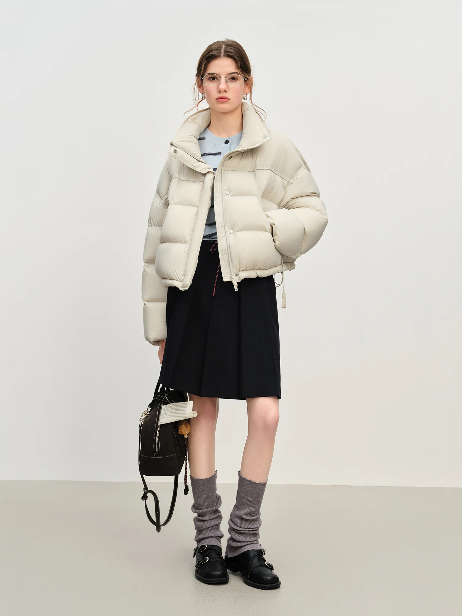 FSLE Winter 2025 Women Cloud-Like Puffer Coat - Stand Collar Short Down Jacket Lazy Chic Style Glossy Finish for Casual Comfort