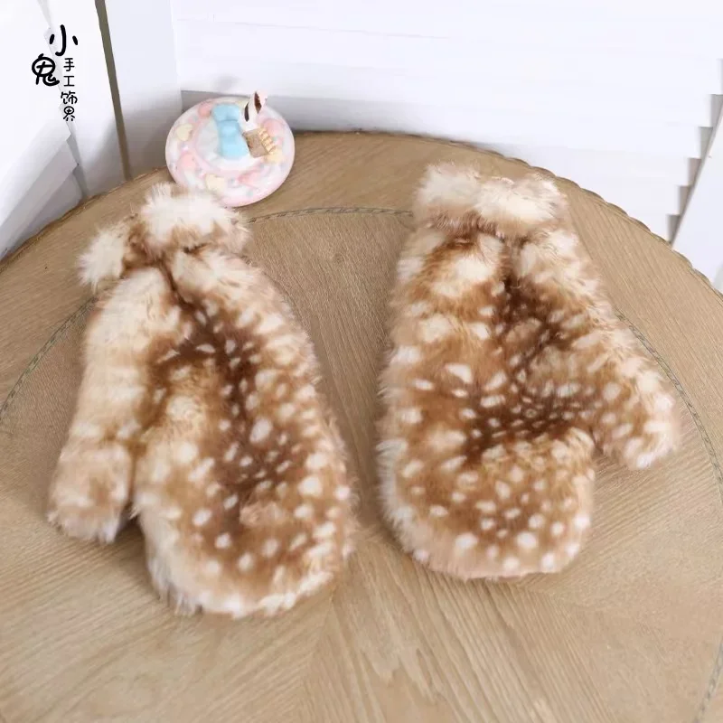 Lolita Kawaii Winter Warm Hooded Scarf Cute Cartoon Deer Ears Fur Hats Plush Ear Protection Hat Scarves