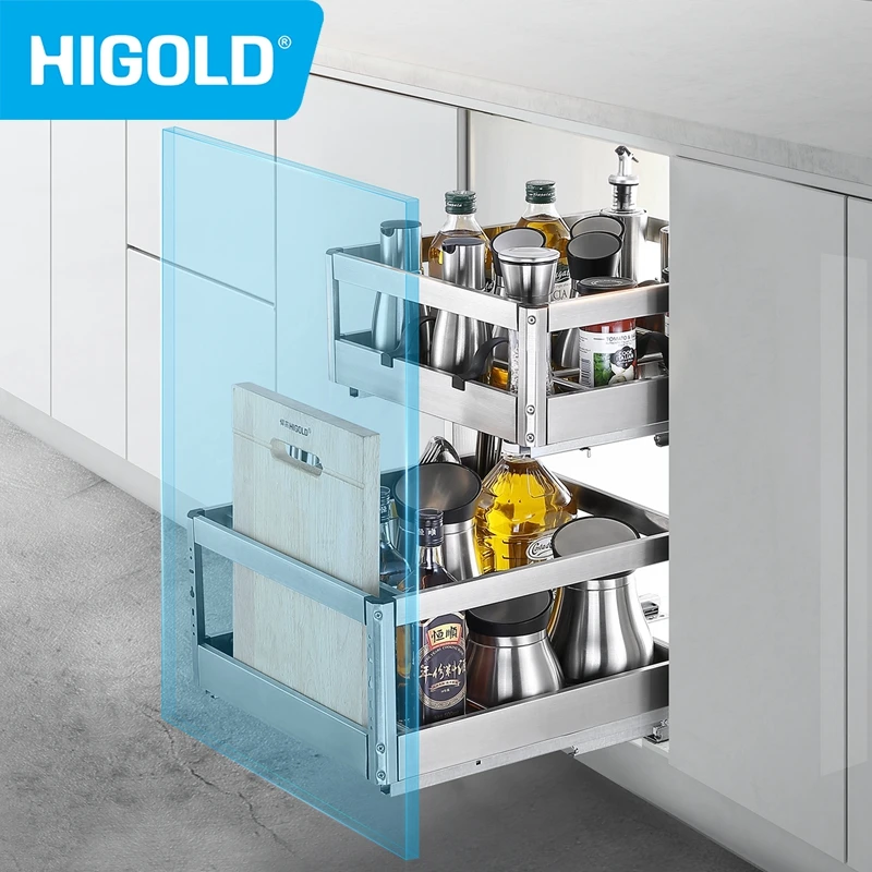 HIGOLD Seasoning Pull Out Basket Kitchen Kitchen Cabinet 304 Stainless Steel Double Pull Basket