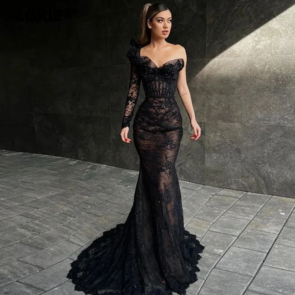 

Black Long Mermaid Prom Dress Single Sleeve Long Sleeve Sweetheart Lace Sequin Evening Dresses Party Graduation Dress Vestido
