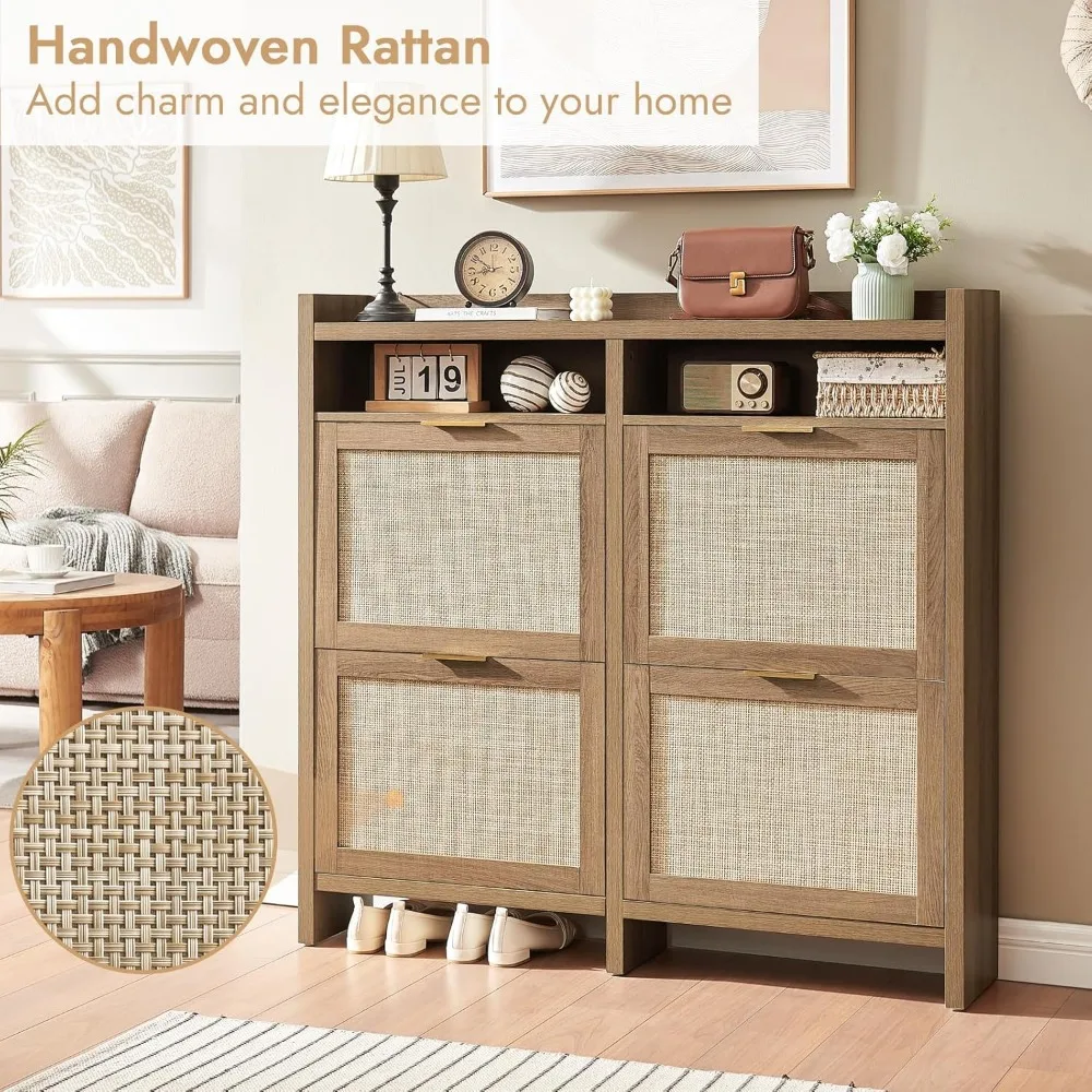 Large Rattan Shoe Storage Cabinet with 4 Flip Drawers & 2 Open Storages – Hidden Slim Shoe Organizer for Entryway, Large Tableto 3