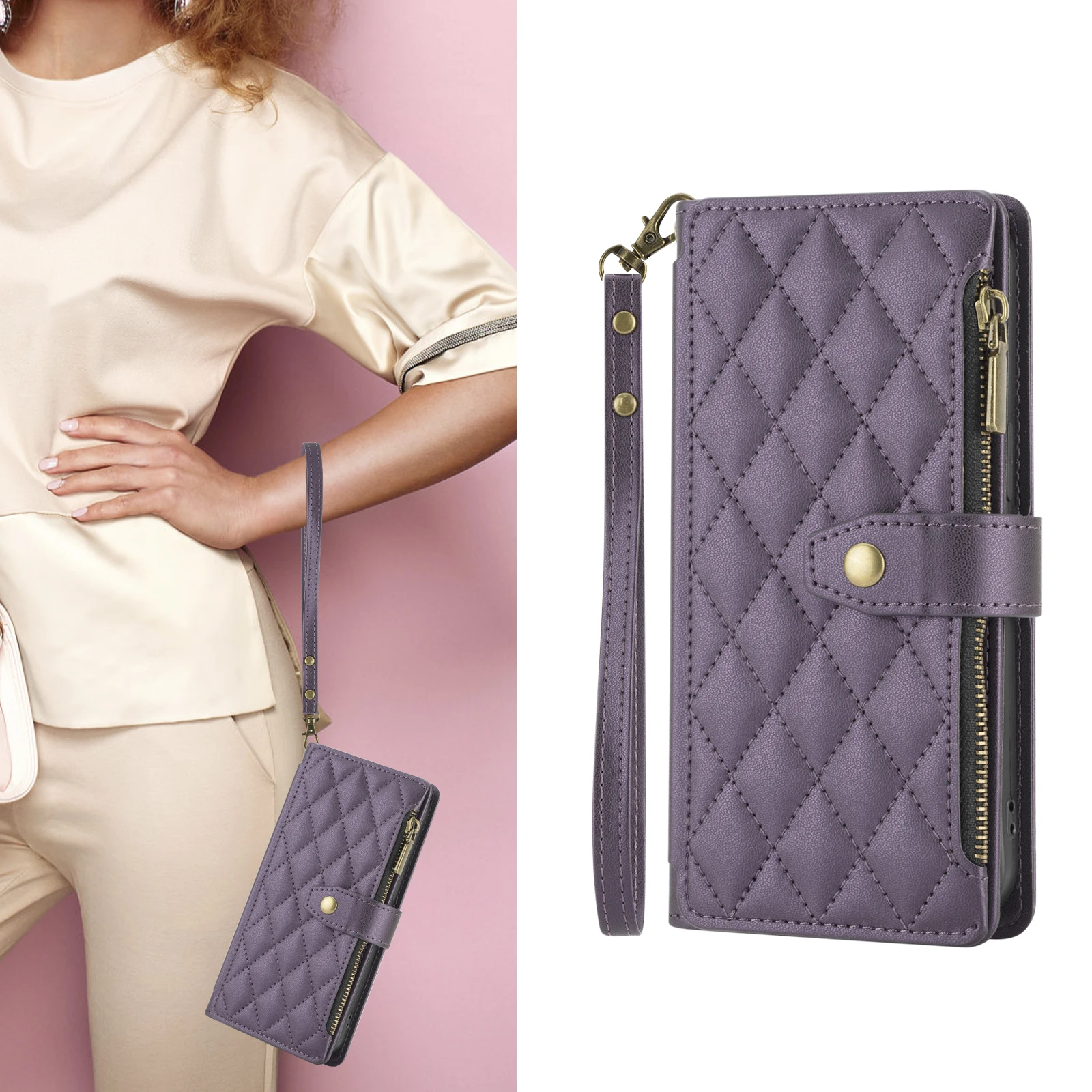 Deluxe Wallet-Style Phone Case with Card Slots, Zipper Coin Pocket, and Wrist Strap in Faux Leather