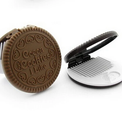 TSHOU162 New arrivals Women Makeup Tool Pocket Mirror Makeup Mirror Mini Dark Brown Cute Chocolate Cookie Shaped With Comb Lady
