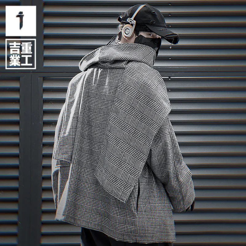 Autumn Winter Hip Hop Punk Scarf Collar Techwear Jacket Woolen Coat Men Vintage Casual Woolen Outerwear 4