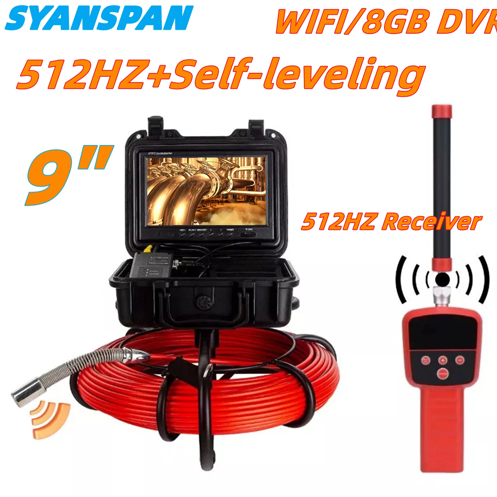 Pipe Inspection Camera 512HZ Self-leveling And 512HZ Receiver  9Inch HD Screen 7MM Cable With WIFI Or 8GB SD Card DVR  Function