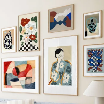 Dipinto su Tela 2D: Arte Astratta Minimalista con Ragazza, Vaso e Fiori, Poster e Stampe per Hotel e Bar