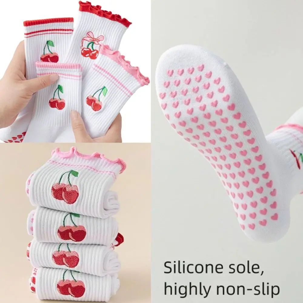 New Cotton Pilates Socks Breathable Sweat-absorbent Cherry Embroidery Socks Harajuku Street Casual Yoga Socks