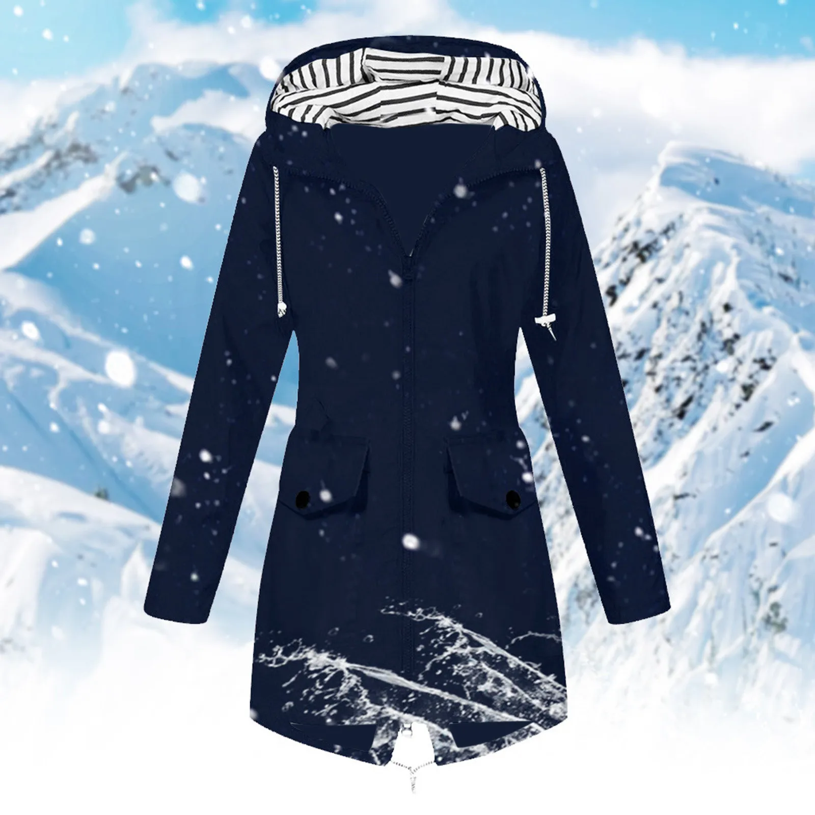 Women Casual Solid Color Long Coat Waterproof Zipper Rain Jacket Solid Color Outdoor Mountaineering Hooded Windproof Windbreaker