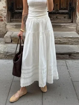 White High Waist Lace Long Skirt Female Pleated Casual Basic Summer 2026 Solid Loose Elegant Maix Skirt Women's Clothes Femme
