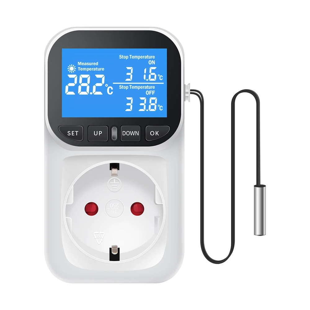 ตัวเลือกสินค้า ตัวควบคุมอุณหภูมิแบบดิจิตอล SOCKET Outlet EU Plug Thermostat พร้อม TIMER SENSOR Probe เครื่องทําความร้อนสวิทช์ 16A Backlight