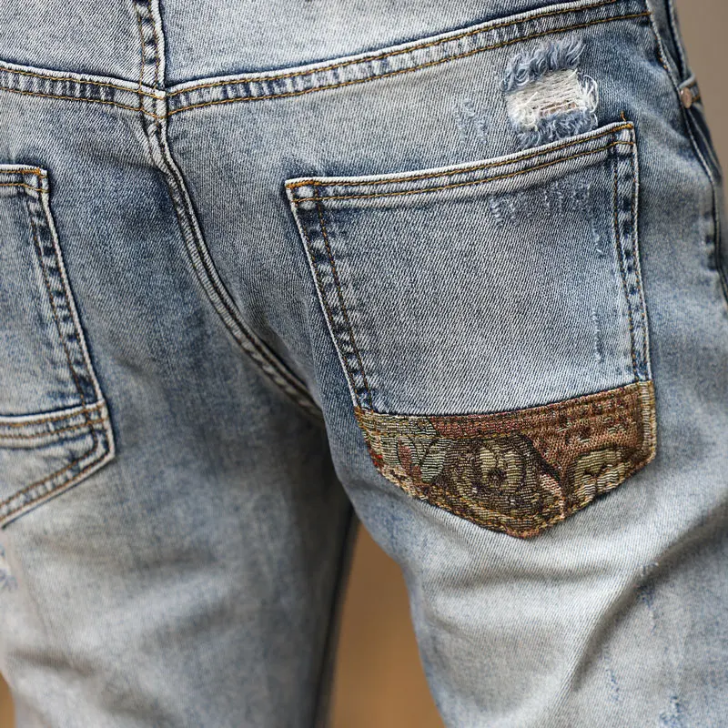 Street style fashionable elastic men's jeans retro light blue slim fit slit jeans men's patch designer hip-hop denim pants Hombr