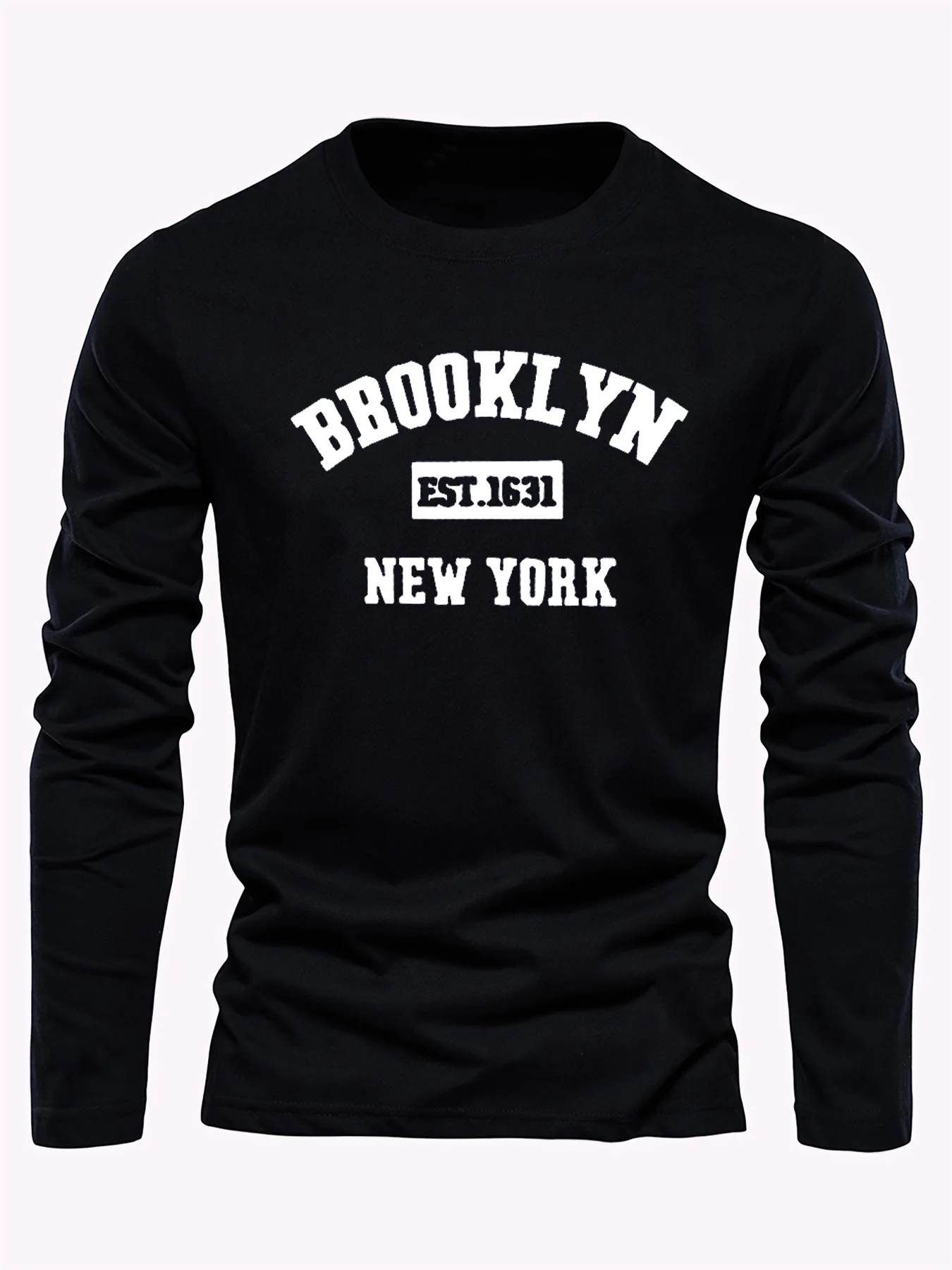 Men's 100% cotton loose fit sports casual Brooklyn New York letter printed round neck long sleeved T-shirt top