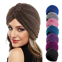 HOT Fashion Women Turban Hijab Hats Gold Shiny Muslim Indian Turban Double Layer Headwrap Stretchable Soft Wrap Head Scarf Mujer
