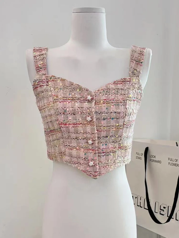 

Korea Elegant Women Tweed Vest New Fashion Summer Spaghetti Strap Sleeveless Buttons Sequins Slim Sexy Female Short Crop Top