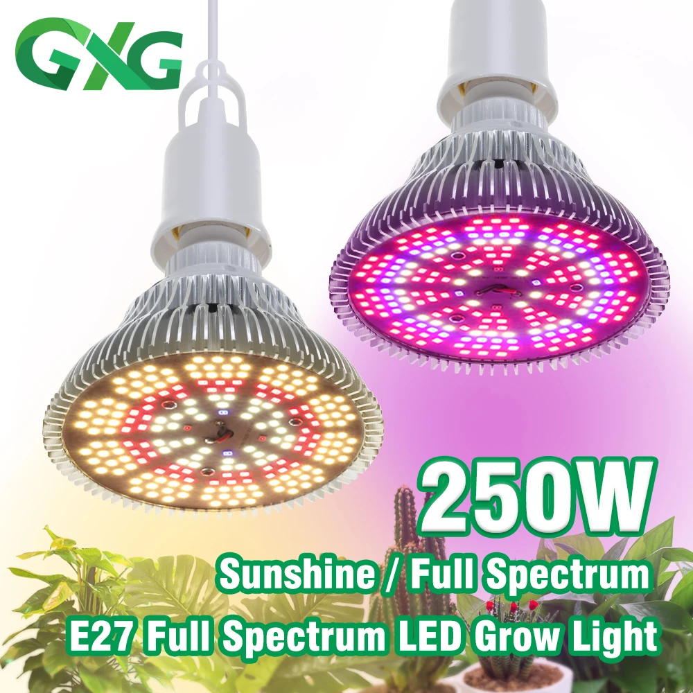 85-265V E27 LED Grow Light Bulb 250W Full Spectrum Sunshine Plant Light With Timing Switch Wire/tripod Phytolamp for Plants Tent