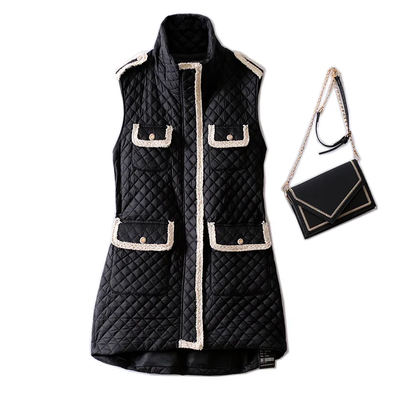 Vintage stand collar multi pocket dark plaid cardigan sleeveless medium long clip cotton vest women's coat vest
