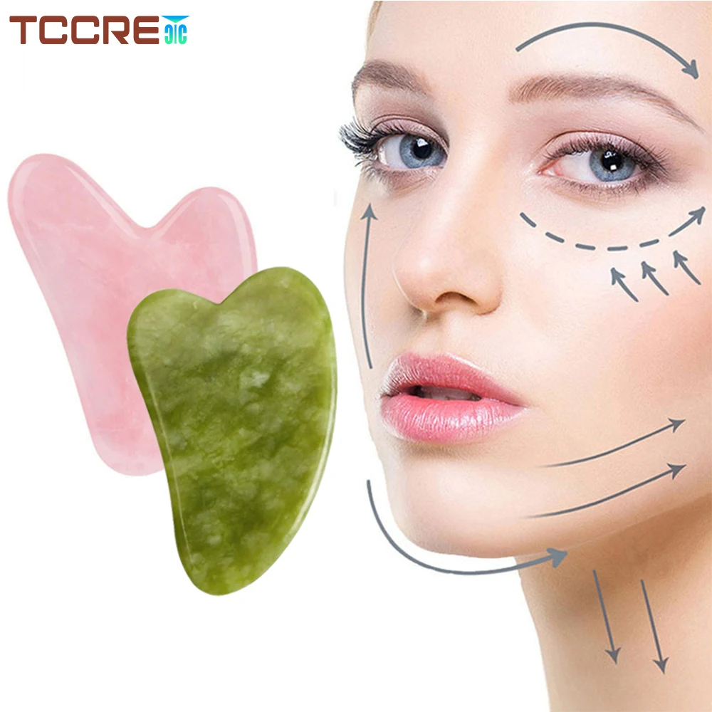 Natural Jade GuaSha Facial Massage Tool Skin Scraping Board Massager Face Body Relieve Muscle Tensions Reduce Wrinkles Puffiness