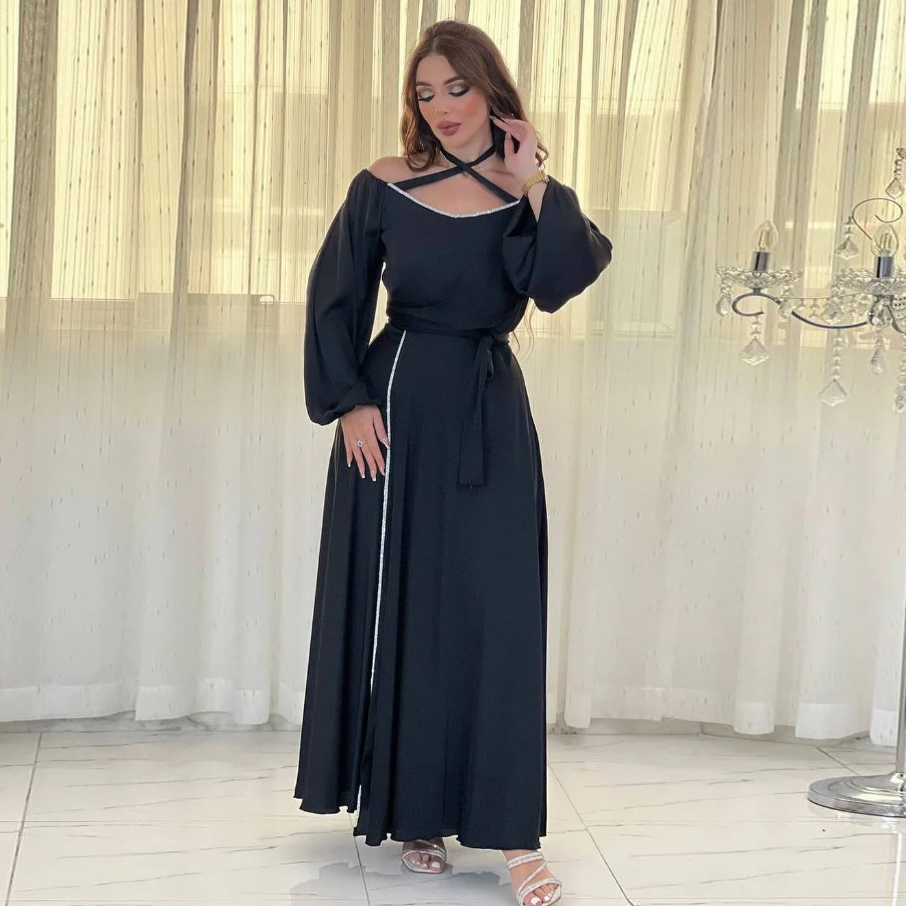 Dubai Dress Hot Diamond Evening Dress For Party V-neck Long Sleeves Elegant Dress Black Orange Muslim Arab Abaya Women Clothing