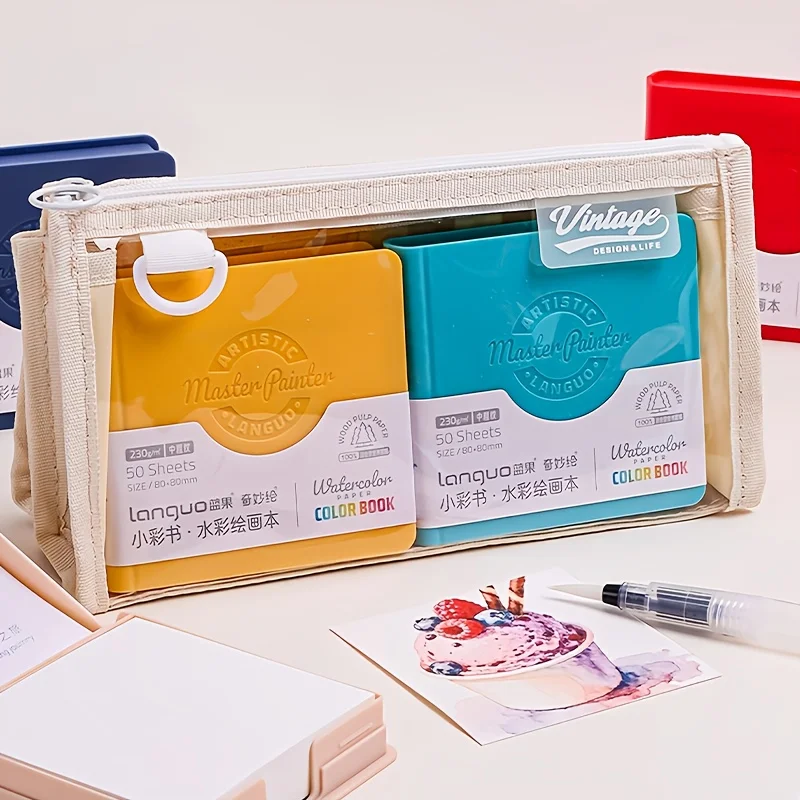 1개의 수채화 스케치북, 1개의 노트와 1개의 펜 포함, 각 책에는 50장이 들어있으며, 미니 수채화 스케치북 휴대용 드로잉 북 | 미술 드로잉 및 미술 창작 저널에 적합하며, 노트 1개와 펜 1개가 포함