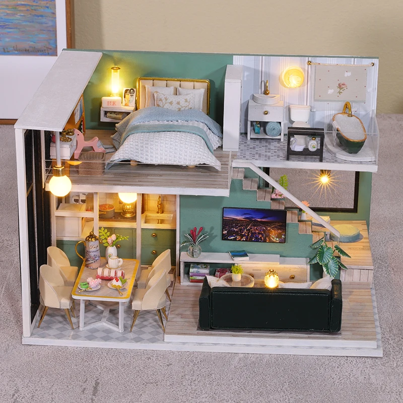DIY 나무 미니어처 모델 키트 모던 로프트 카사 인형 집, 3D 퍼즐 인형 집, 가구 LED 조명, 친구 선물