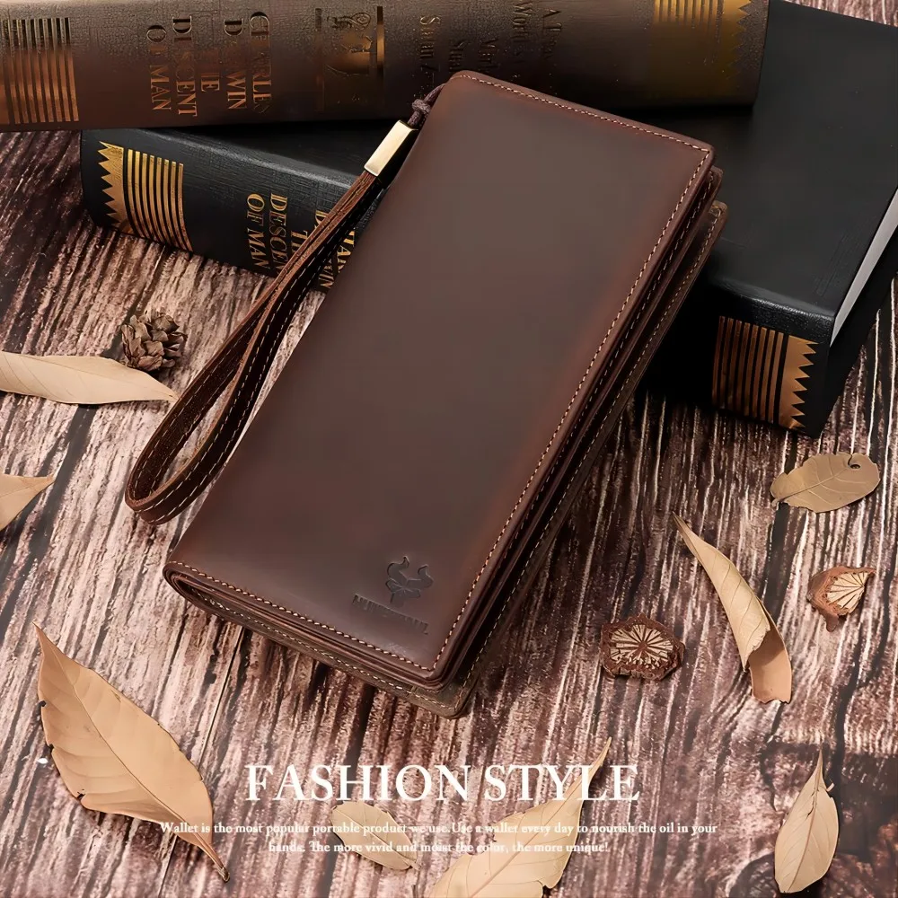 

RFID anti-theft brush, large capacity top layer cowhide wallet, men's drawstring phone bag, long leather men's handbag