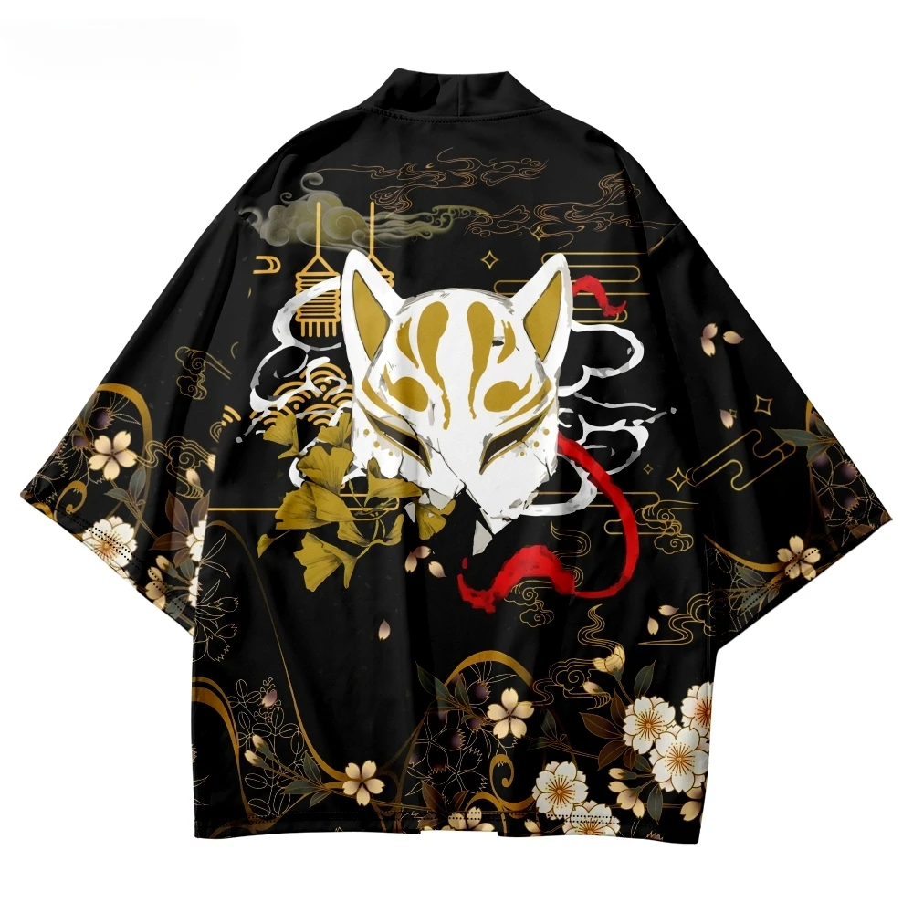 Fox Mask Print Fashion Beach Shirts Traditional Japanese Haori Cardigan Tops Plus Size 4XL 5XL 6XL