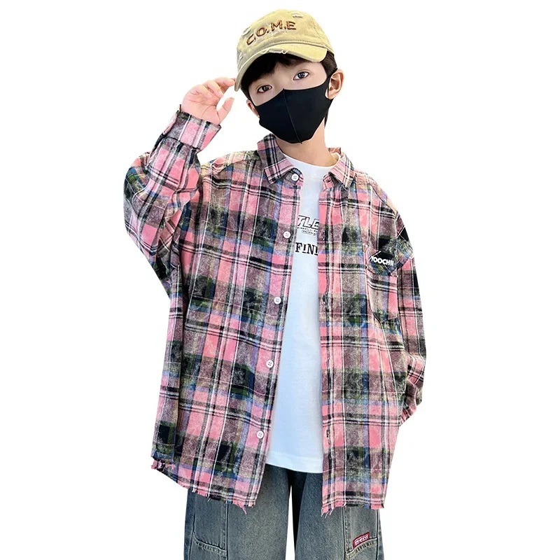 Early Autumn Plaid Shirt Jacket for Boys Loose Fit Children's Clothing Spring Autumn Kids Outfit Streetwear Boy's Top