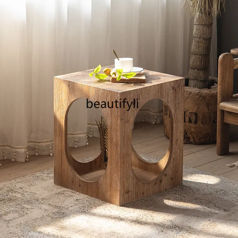 

yj Retro Distressed Solid Wood Sofa Side Table Silent Style B & B Corner Table Minimalist Table