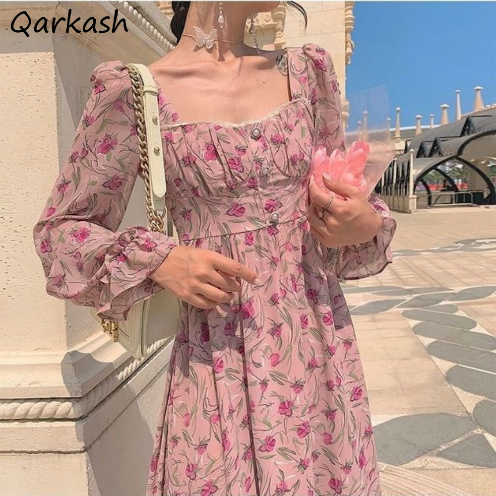 

Long Sleeve Dresses Women Floral French Style Vintage Chiffon Button Fly Square Collar Flare High Street Popular Elegant