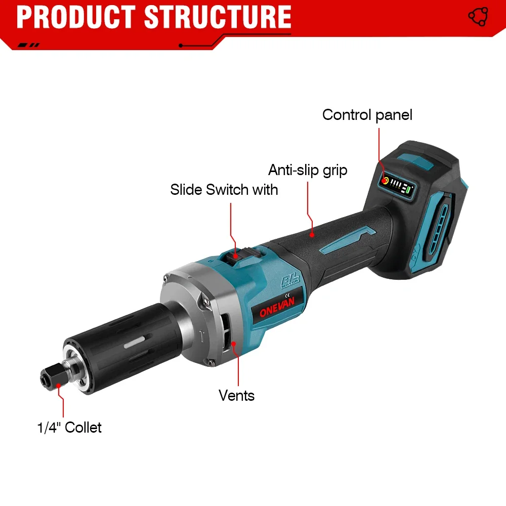 ONEVAN 35000RPM bezuhlíkový elektrický zemřít bruska 6mm 2000W akumulátorové proměnná rychlost rotační nástroje pro makita 18v baterie