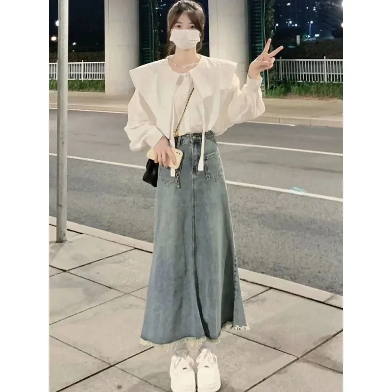 우아한 프렌치 스타일 탑 디자인, 감각적인 플레어 슬리브 셔츠, 데님 스커트 세트, 여성 블라우스, 잎 모티브
