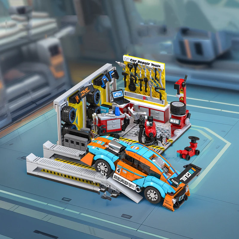 Speed Racing Car Maintenance Workshop Building Block Repair Shop Mattoni Figure Assemblare Model Toys Collection For Kids Gifts