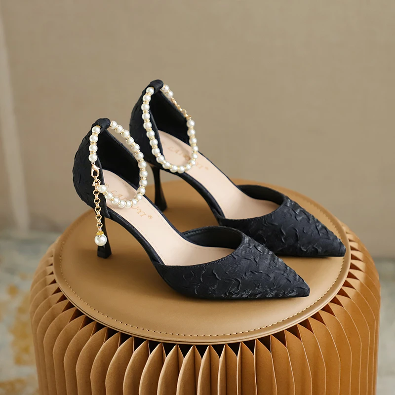 Summer 2024 New Women's Sandals Pointed Toe Pearl Pleated Face Stiletto Banquet Dress Shoes