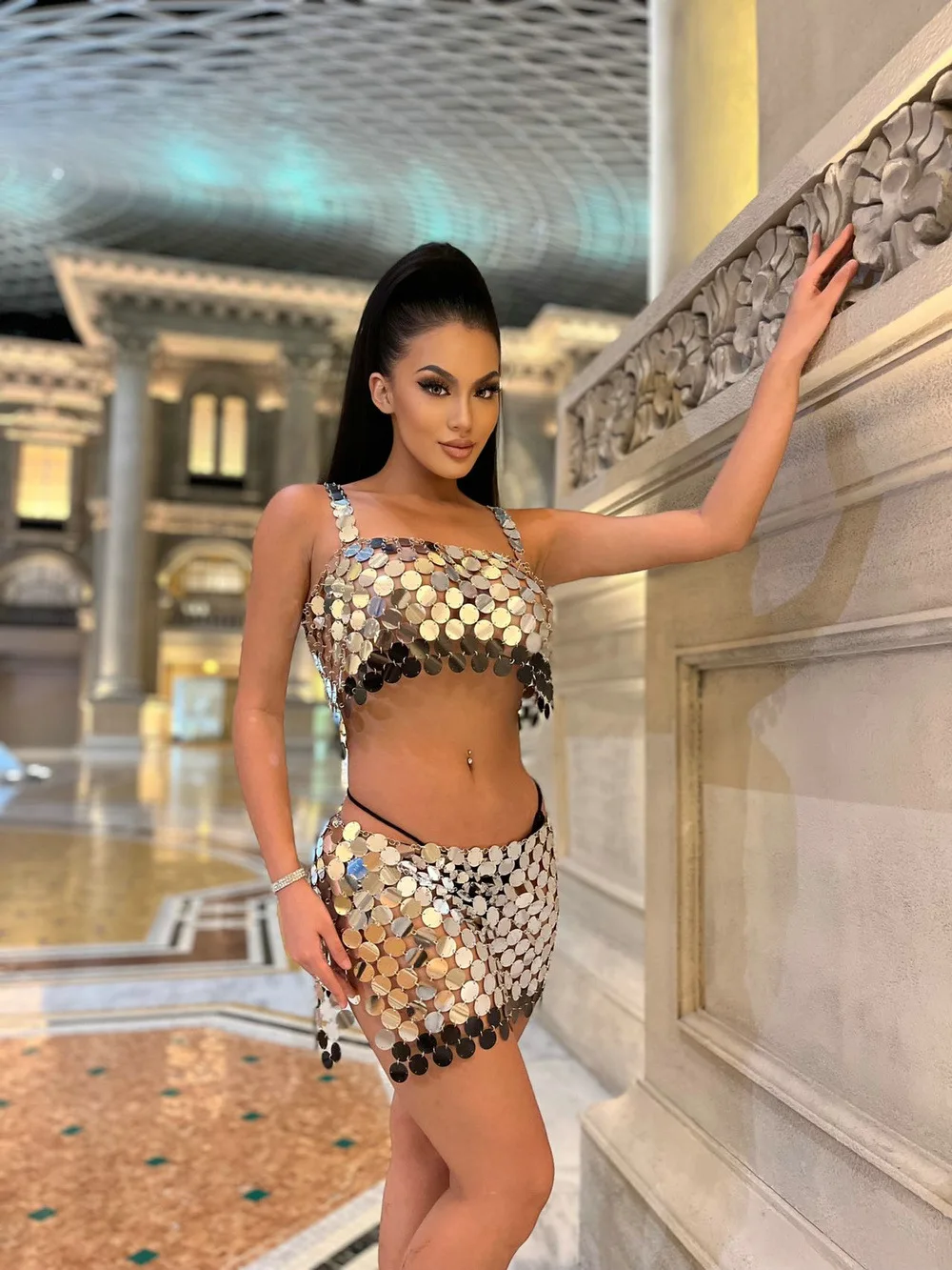 Sexy Luxurious Hollow Out Crop Top Mini Skirts 2 Piece Sets Metallic Sequin  Shiny Night Club Party Dancing Beach Wear Tank Top| | - AliExpress