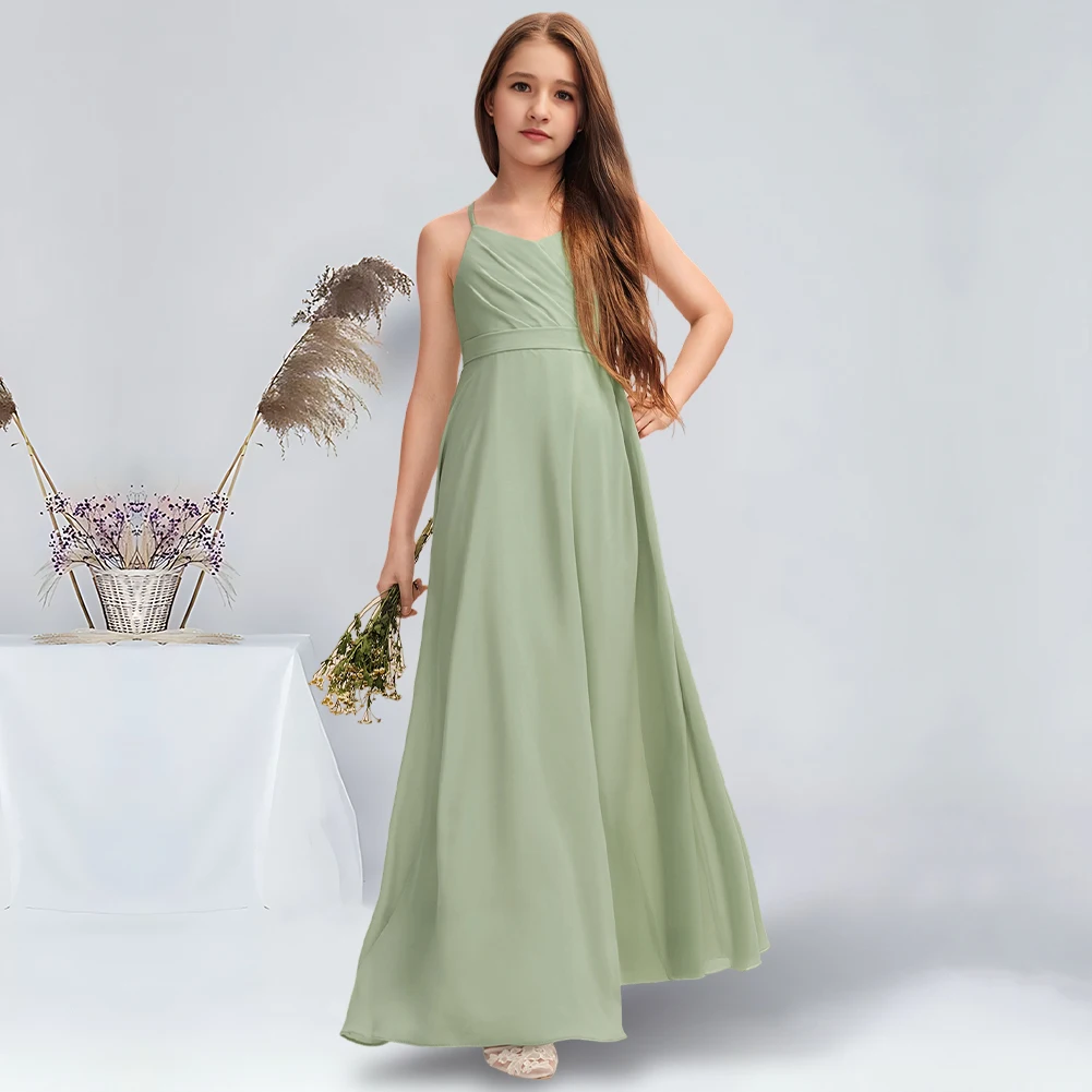 

A-line V-Neck Floor-Length Chiffon Junior Bridesmaid Dress With Pleated Celadon Flower Girl Dress Wedding Party Dress For Teens