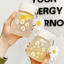  Cute Daisy Flower Glass Water Bottle Portable Milk Juice Bottle Mug Girl Frost Drinking Bottles Outdoor Travel Tumbler 350ML 