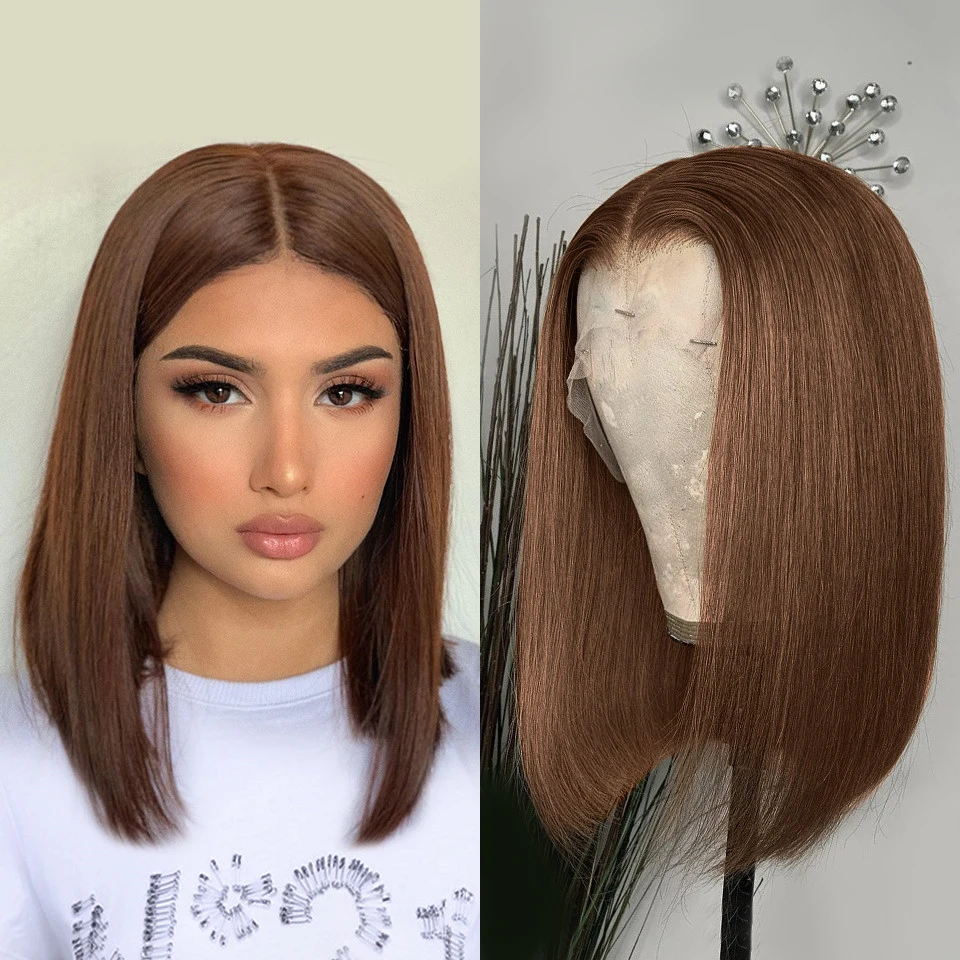 Soft Bob 16inch Free Part Soft Brown 13x4 Deep Lace Front Wig European Jewish Human Hair Wig Glueless Preplucked For Black Women