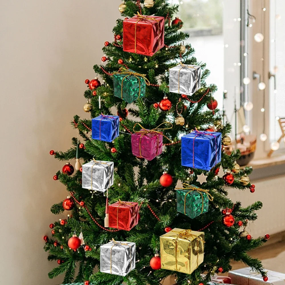 Mini Xmas Ornaments Gifts Boxes 60/6Pcs Shiny Foil Wrapped Gift Boxes Xmas Tree Hanging Pendants For Navidad Party Decorations