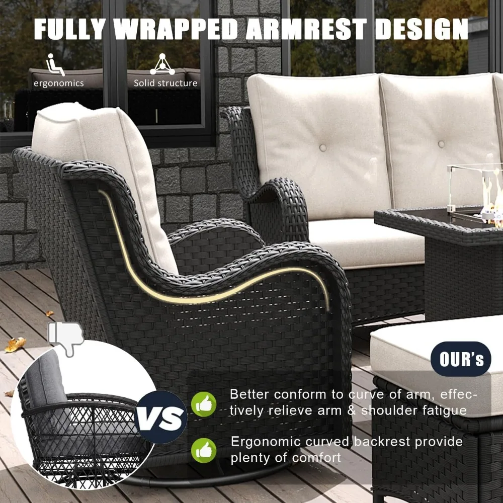 7 Pieces Outdoor Patio Furniture Set with Fire Pit Table, Rattan Wicker Swivel Rocker Chairs Sets with Swivel Glider 5